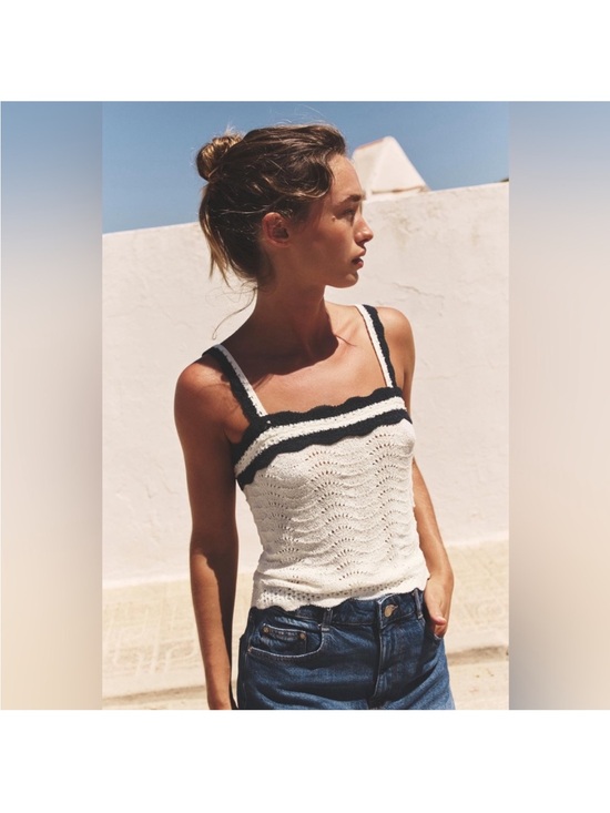 Zara Tops - NWT Zara Crochet Knit Camisole in White with Navy Scalloped Trim & Thin Straps